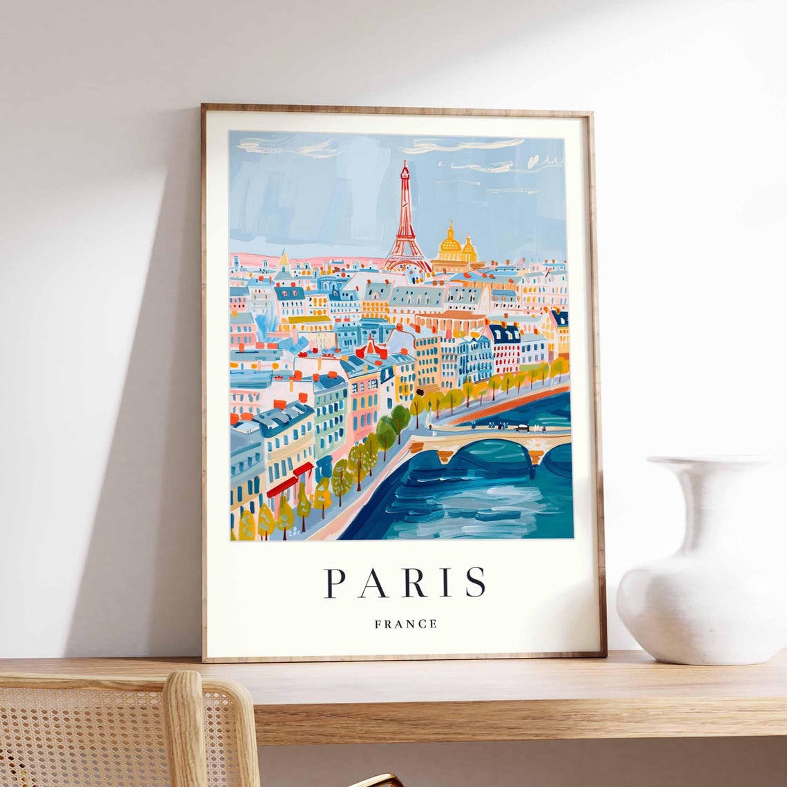 Paris France Eiffel Tower Rooftops Seine Bridge Aerial View Poster