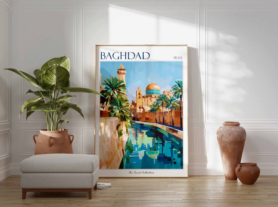 Baghdad Golden Dome Mosque Palm Reflection Iraq Travel Poster - Image 2