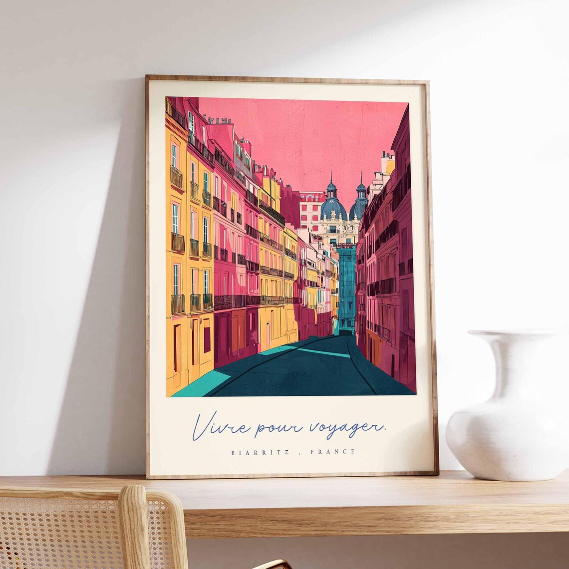Biarritz France Pink Street Colorful Old Town City Art Travel Poster