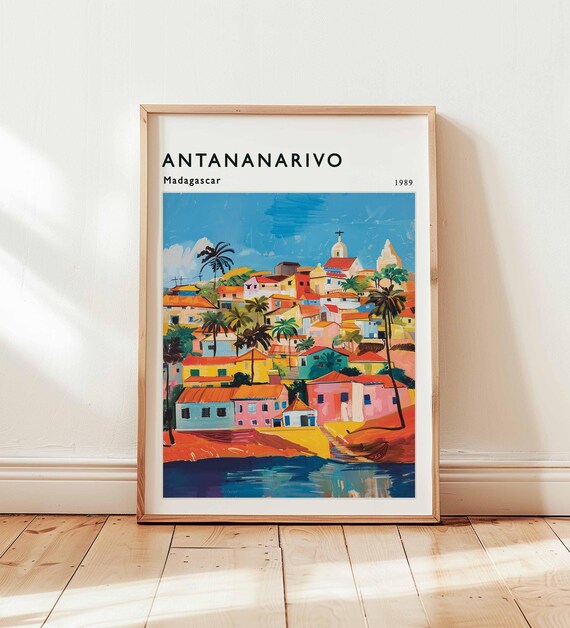 Antananarivo Madagascar 1989 Hillside Town Colorful Travel Poster