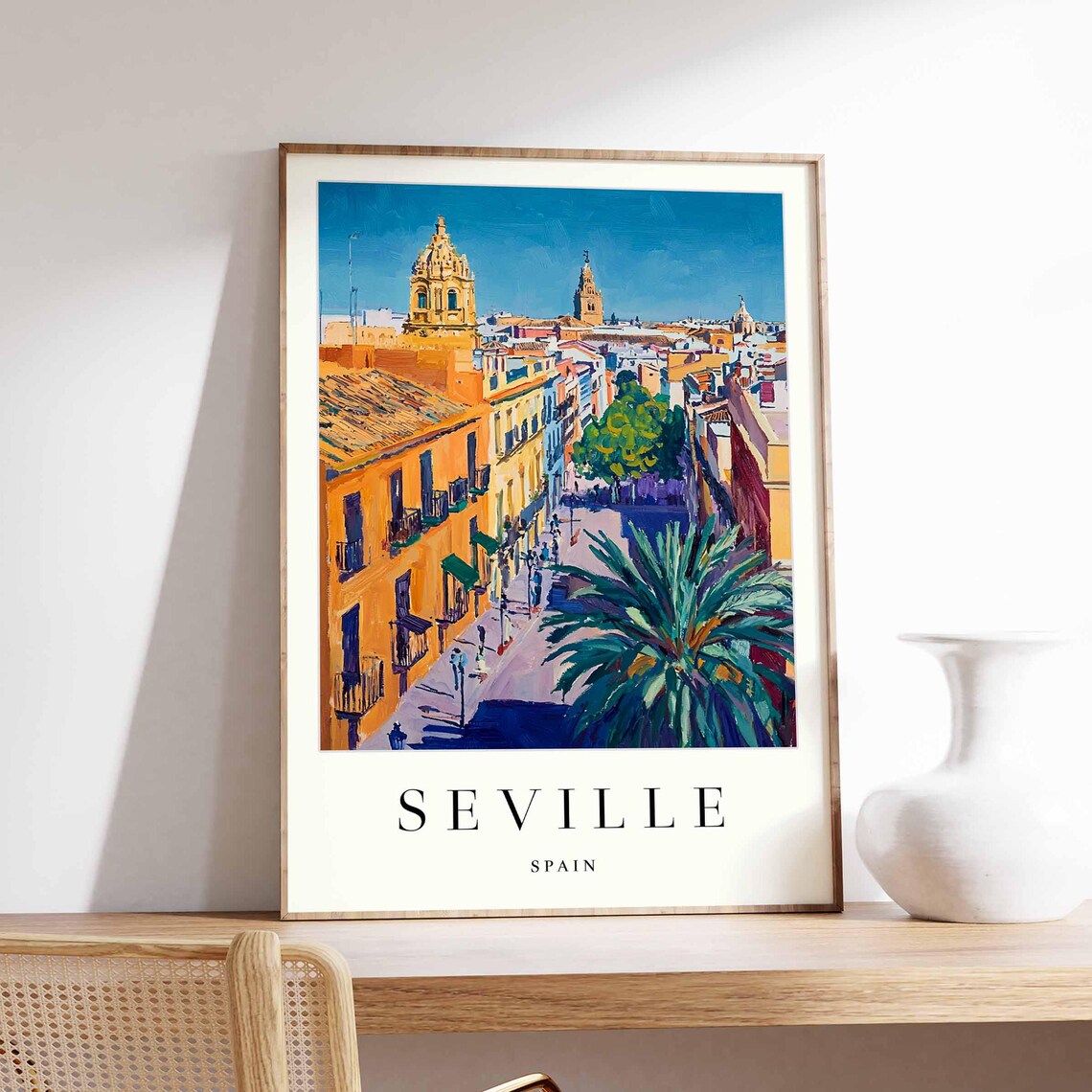 Seville Spain Cathedral Towers Sunlit Street Painted Travel Poster