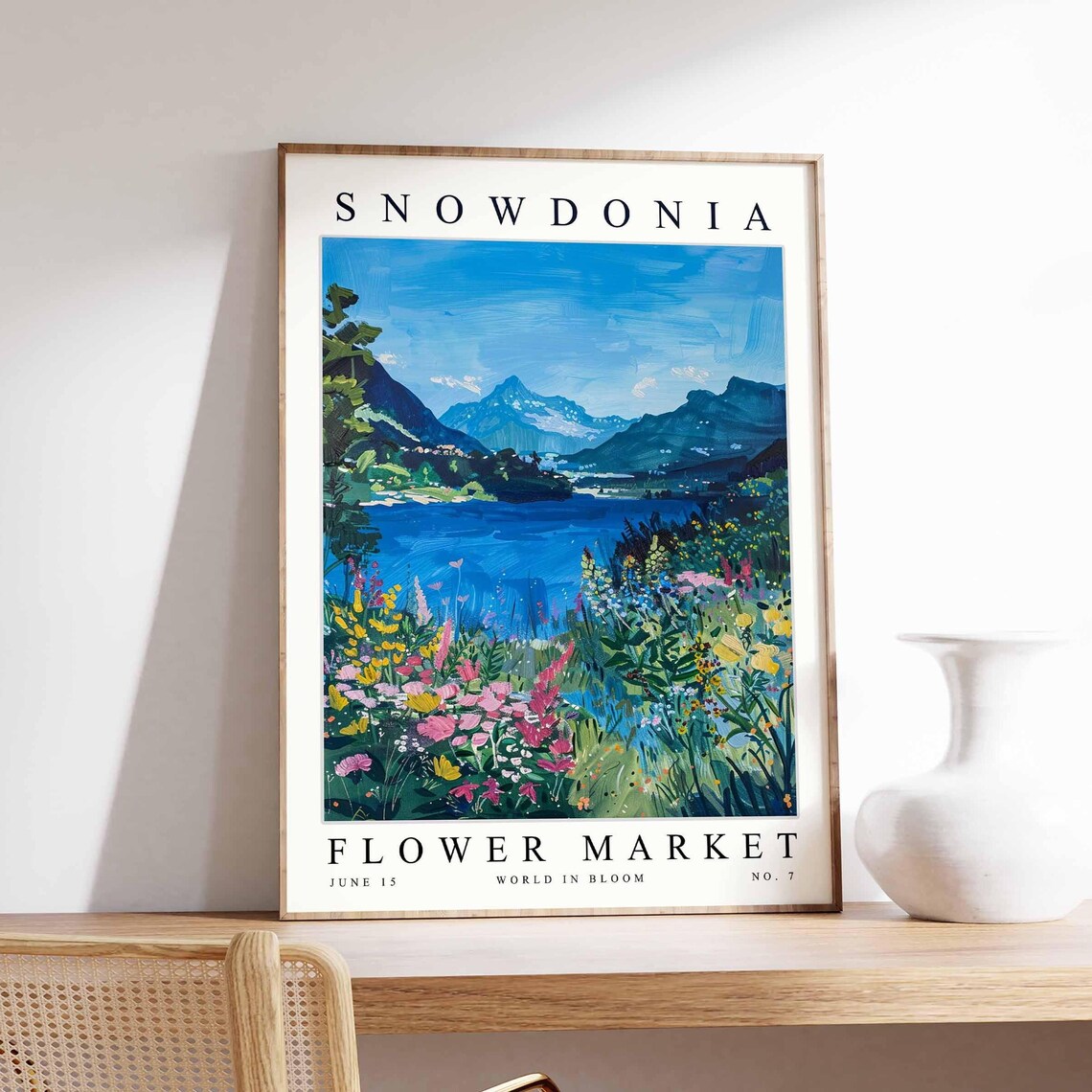 Snowdonia Flower Market Blue Lake Peak Meadow Bloom Art Poster