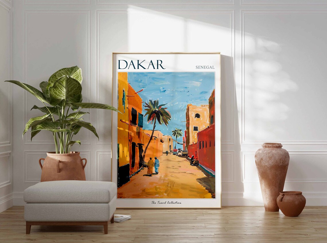 Dakar Senegal Ochre Street Palms And Daily Life Travel Poster - Image 3