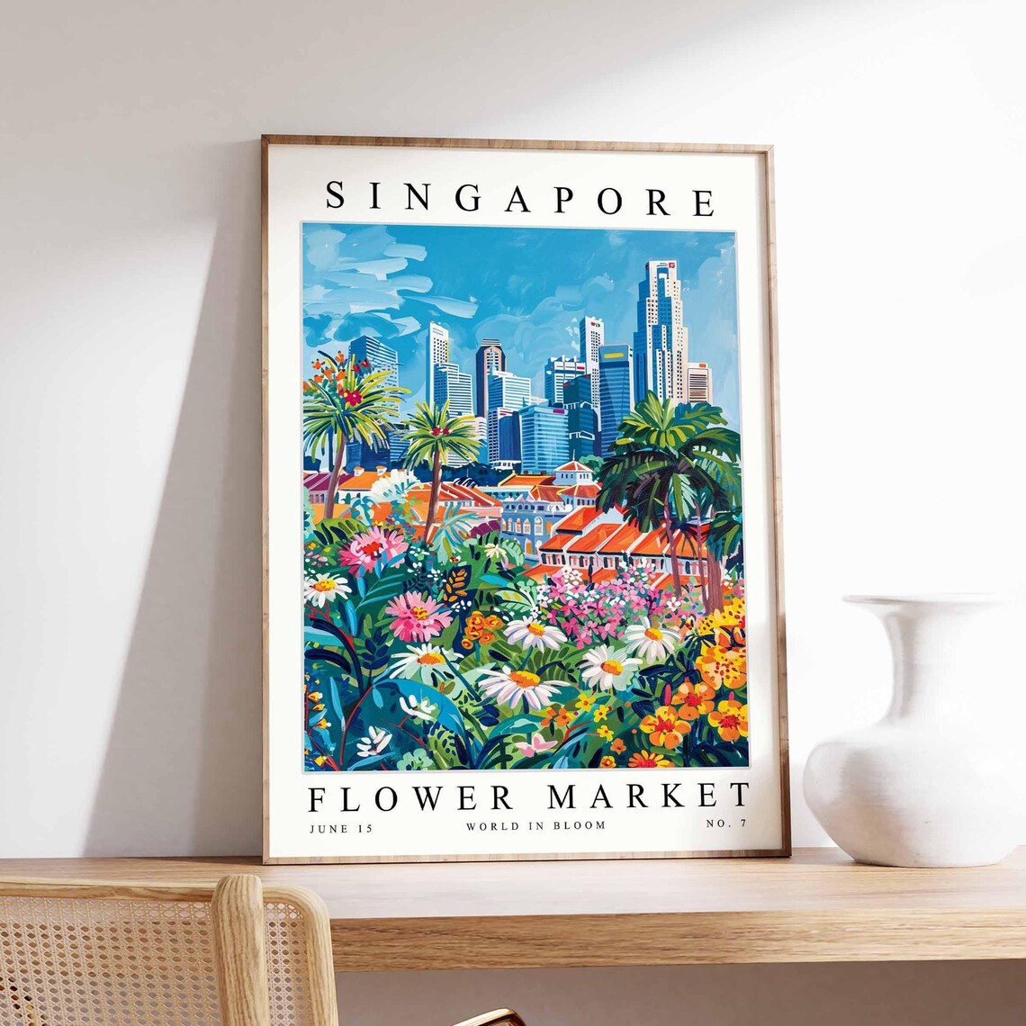 Singapore Flower Market Skyline Shophouse Daisy Bloom Art Poster