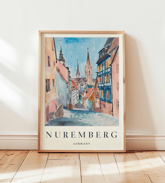 Nuremberg Germany Watercolor Old Town Alley Spires Travel Poster