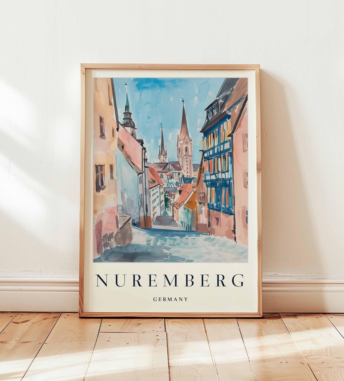 Nuremberg Germany Watercolor Old Town Alley Spires Travel Poster