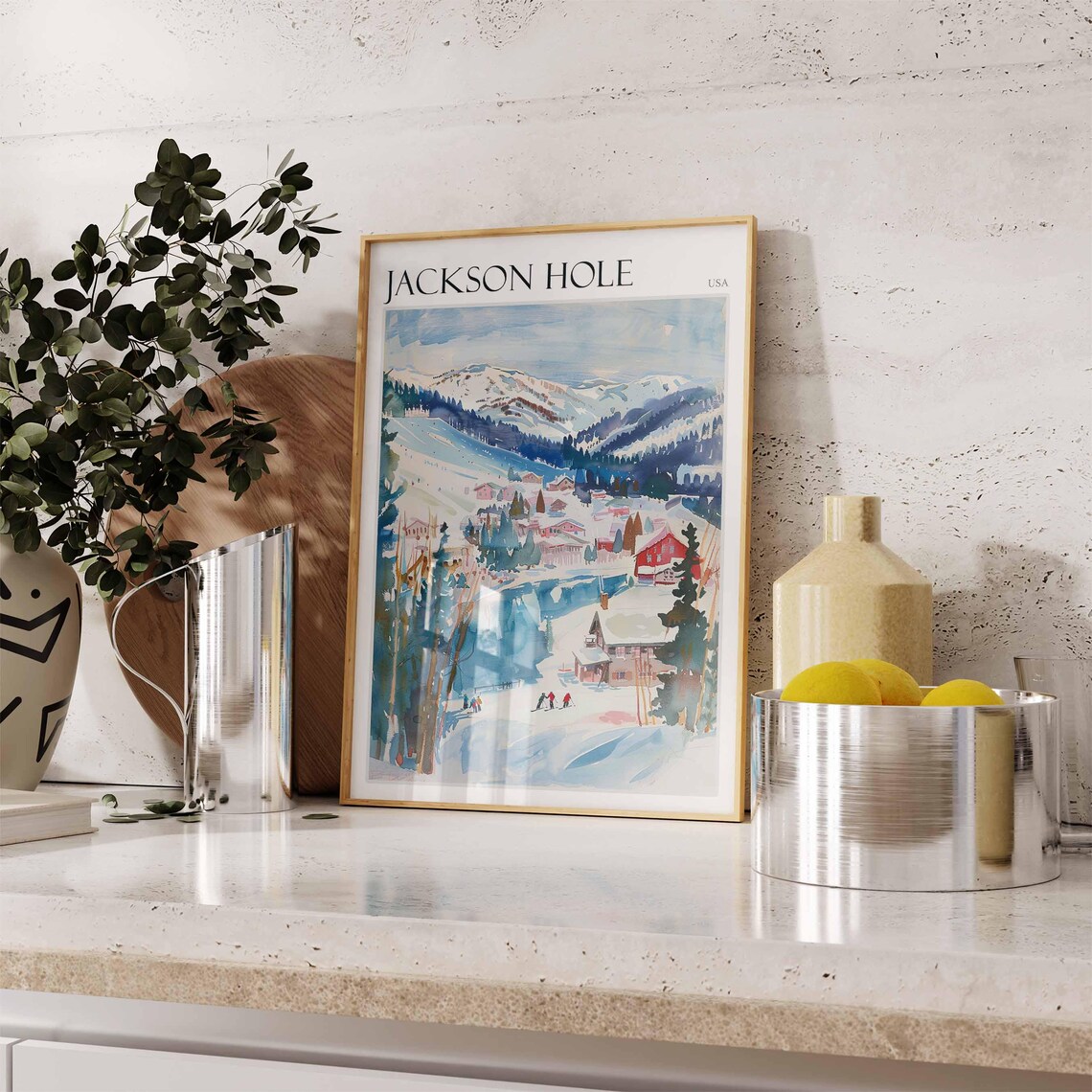 Jackson Hole USA Riverside Village Poster in Colorful Watercolor Style - Image 2