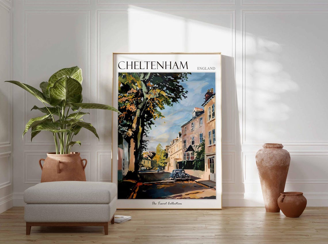 Cheltenham England Tree Lined Street Classic Car Townhouses Poster - Image 2