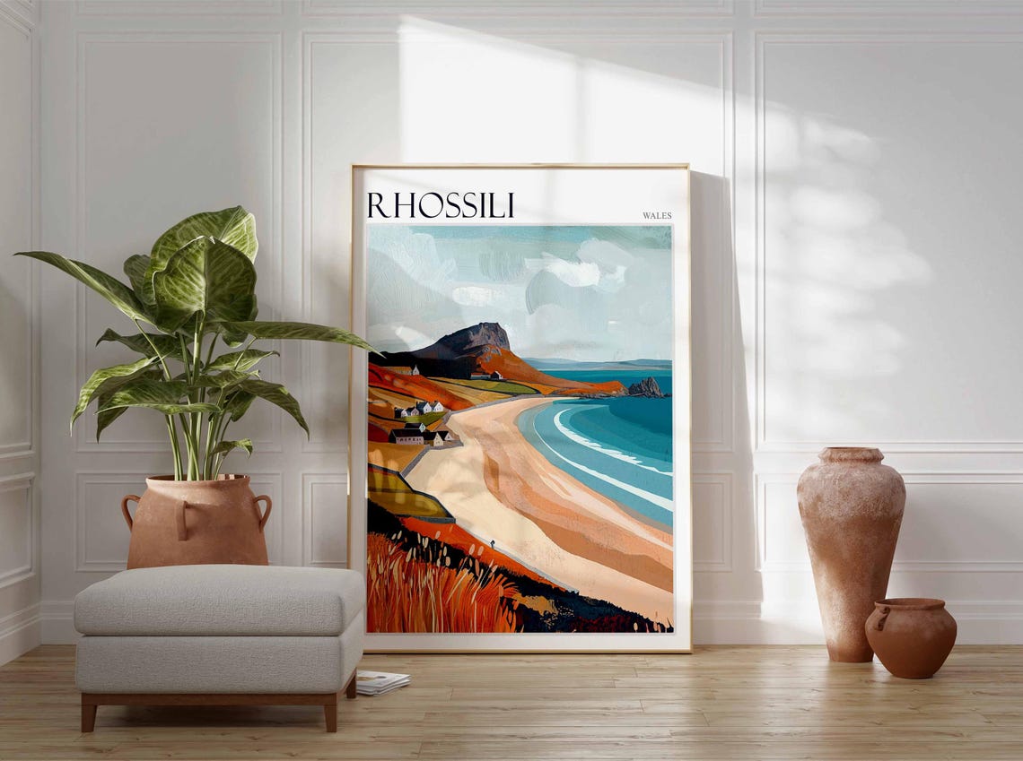 Rhossili Wales Hillside Village Curving Beach Artwork Poster - Image 4