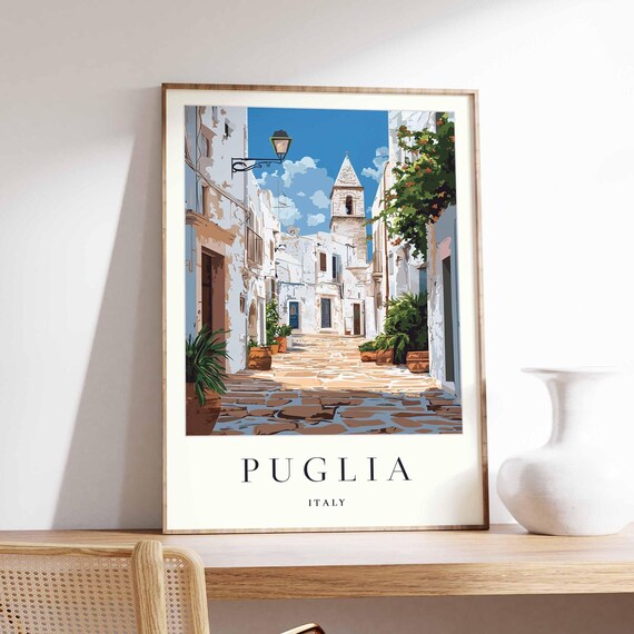 Puglia Italy Vintage Whitewashed Street Bell Tower Travel Poster