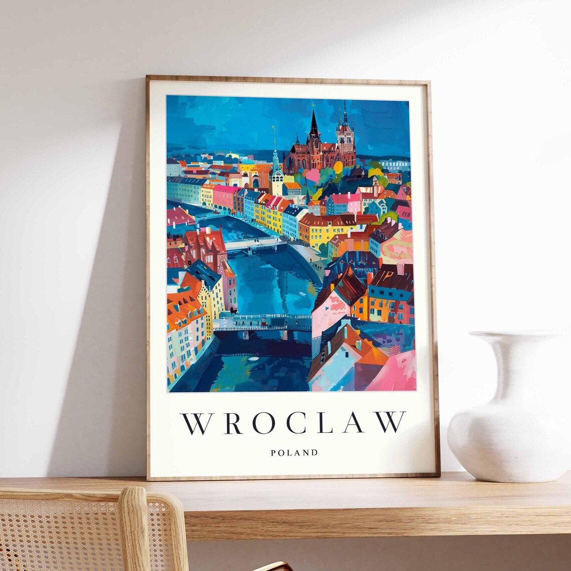 Wroclaw Poland River Waterfront Evening Blue Cityscape Art Poster