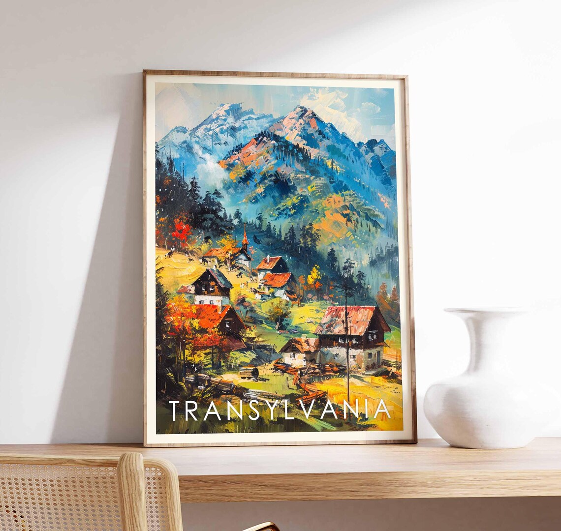 Transylvania Alpine Village Romania Snow Capped Peaks Travel Poster