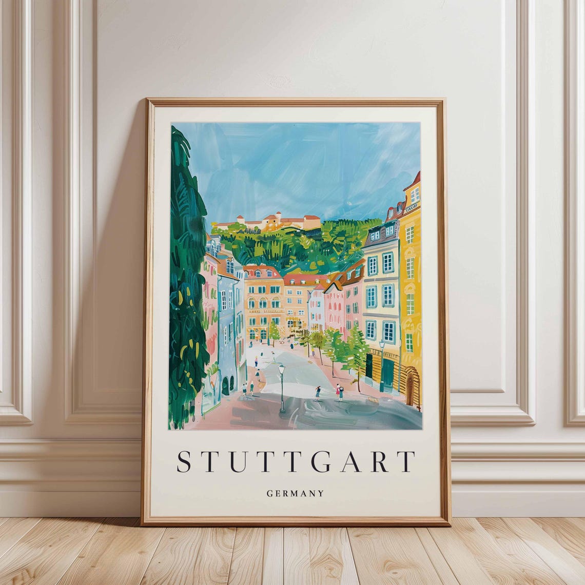 Stuttgart Germany Colorful Painted Old Town Street Scene Travel Poster - Image 3