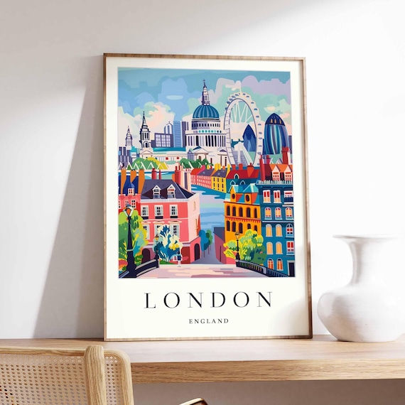London England Skyline St Pauls London Eye Colorful City Travel Poster