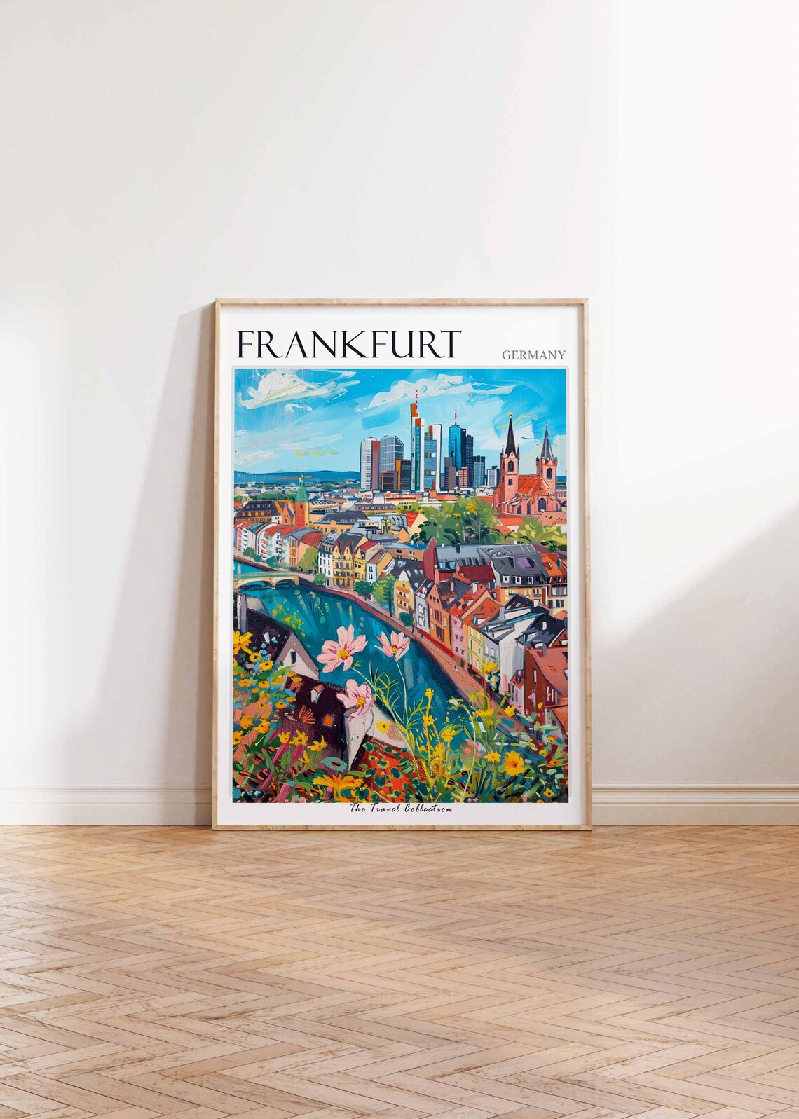 Frankfurt Germany Colorful Skyline Church and River Art Travel Poster - Image 2