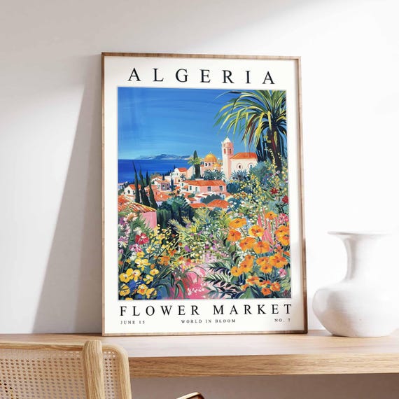 Algeria Flower Market Poster North Africa Print Algiers Floral Wall Art Colourful Botanical Decor Cultural Travel