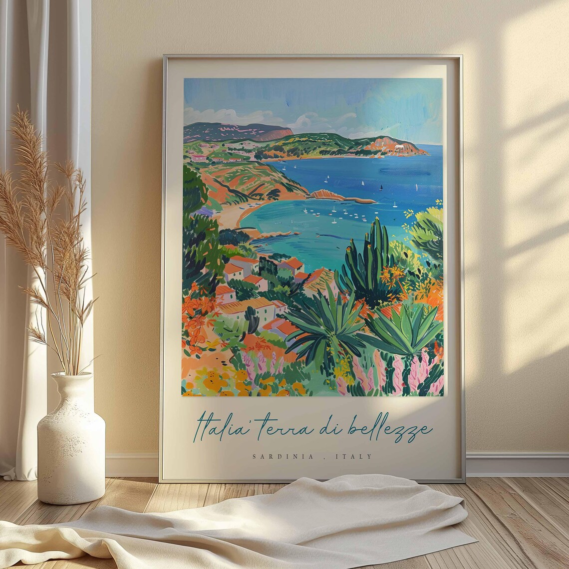 Sardinia Italy Lush Village Green Bay Sailboats Coast Art Poster - Image 2