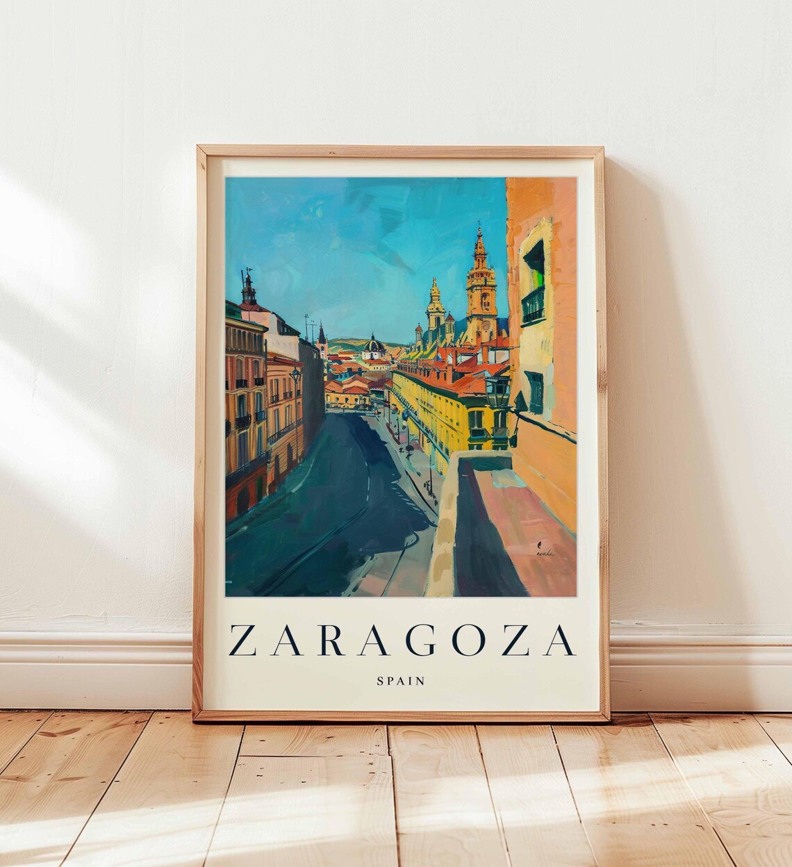 Zaragoza Spain Historic Street View Cathedral Spires Travel Poster