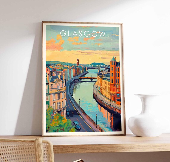 Glasgow Scotland River Clyde Golden Skyline Painted Art Poster