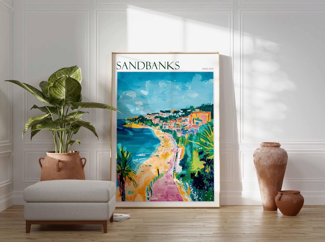 Sandbanks England Curving Beach Headland Town Palms Vibrant Poster - Image 2