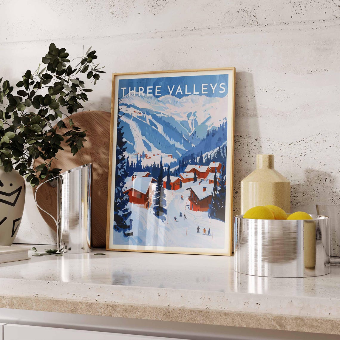 Three Valleys Dramatic Blue Mountains Looming Above Village Poster - Image 2