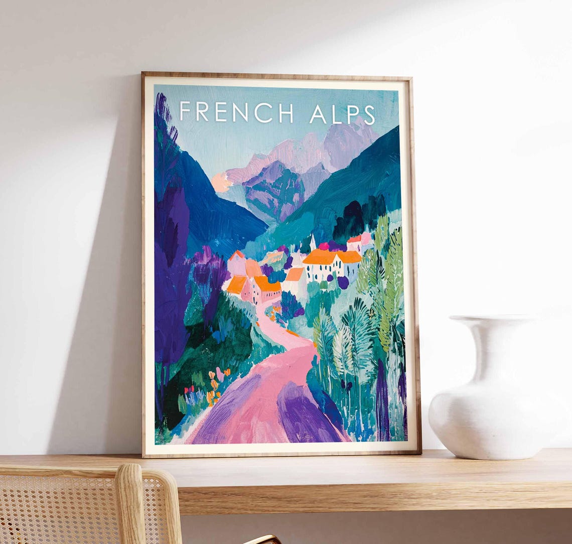 French Alps Colorful Painted Alpine Valley Village Summer Poster