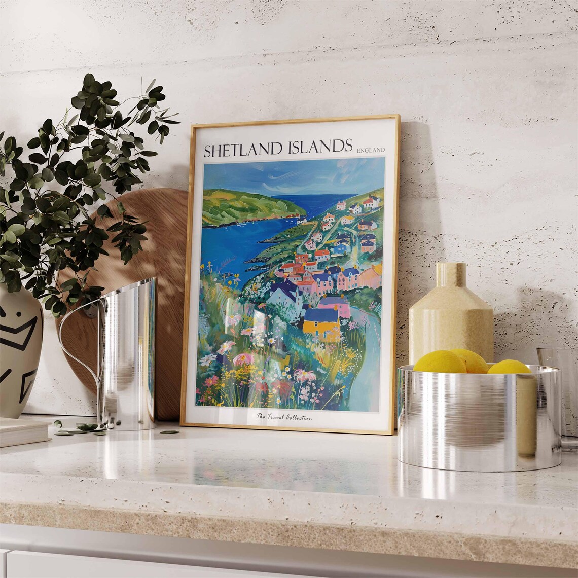 Shetland Islands Hillside Village Blue Bay Scene Travel Poster - Image 3