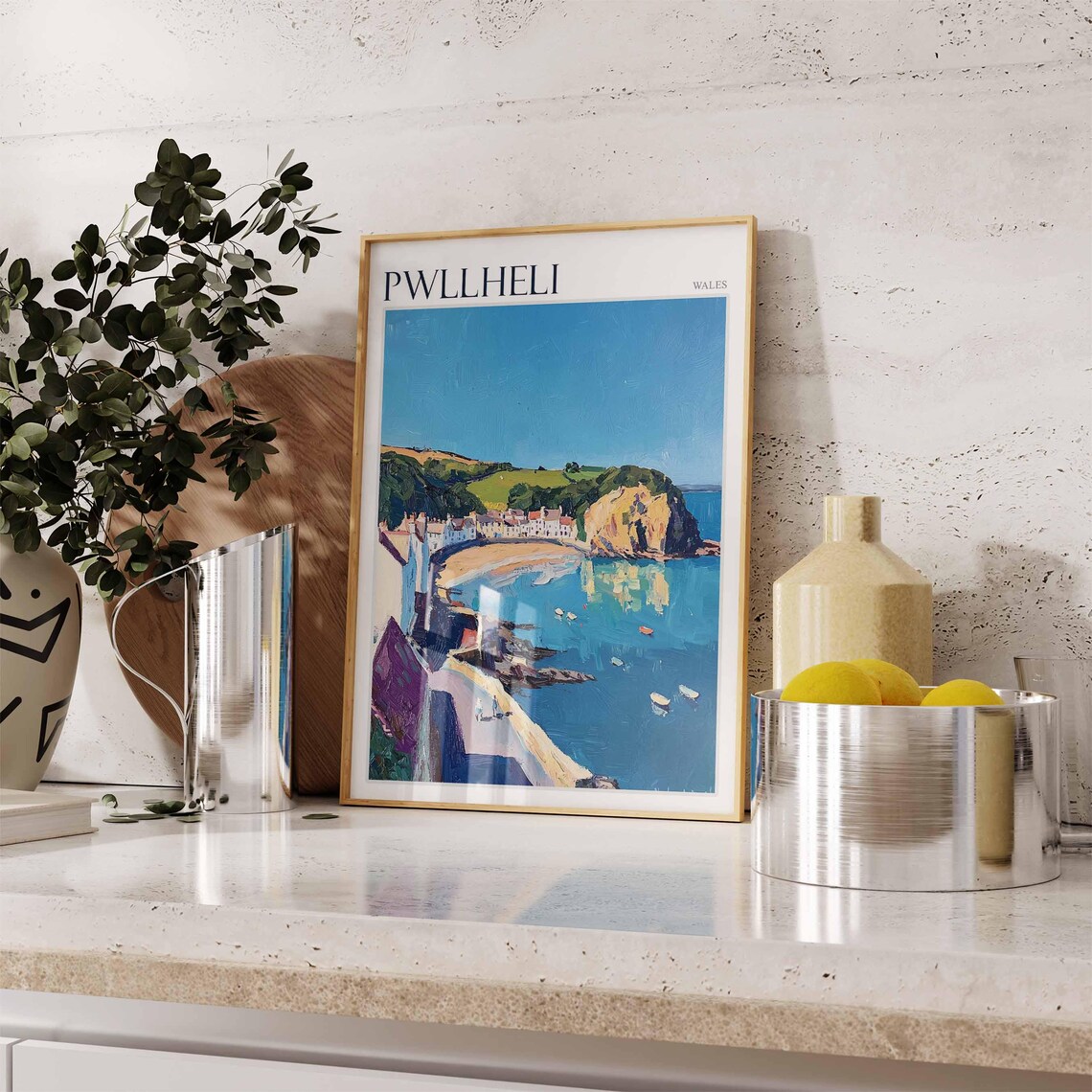 Pwllheli Wales Sunlit Bay Boats Village Rocky Headland Path Poster - Image 3