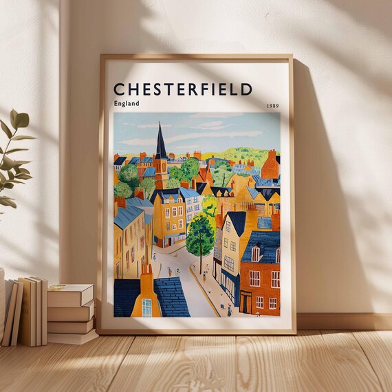 Chesterfield England 1989 Church Spire Town View Travel Poster