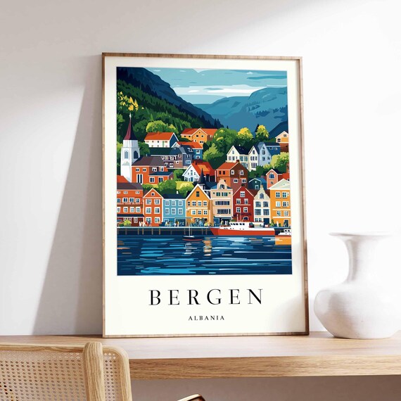 Bergen Albania Mountain Harbor Town Colorful City Travel Poster