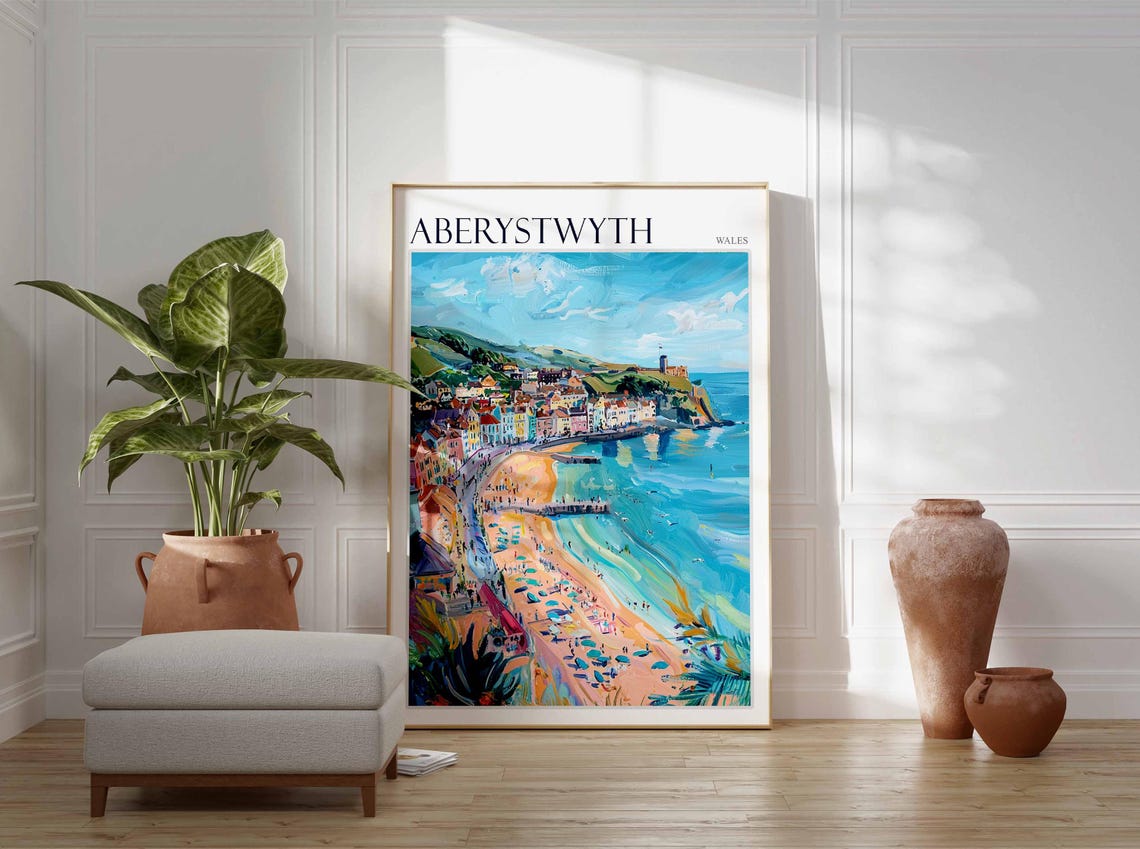 Aberystwyth Sandy Beach Colorful Coastal Seafront Town Wales Poster - Image 3