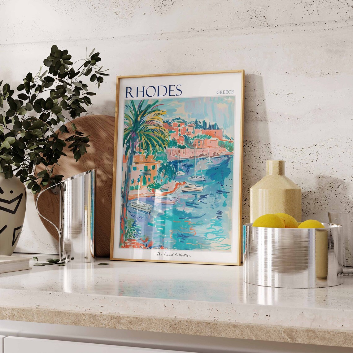 Rhodes Greece Pastel Waterfront Palm Sailboats Coastal Art Poster - Image 2