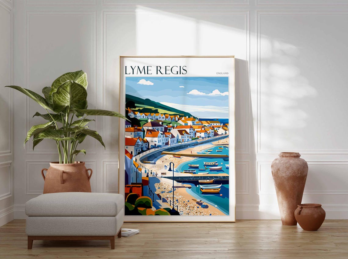 Lyme Regis England Harbor Boats Beach Hillside Old Town Poster - Image 3
