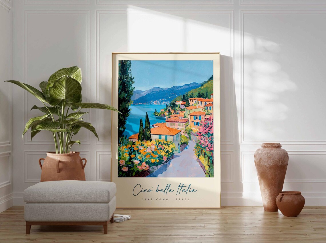 Lake Como Italy Flower Lined Lane To Lakeside Village Poster - Image 3