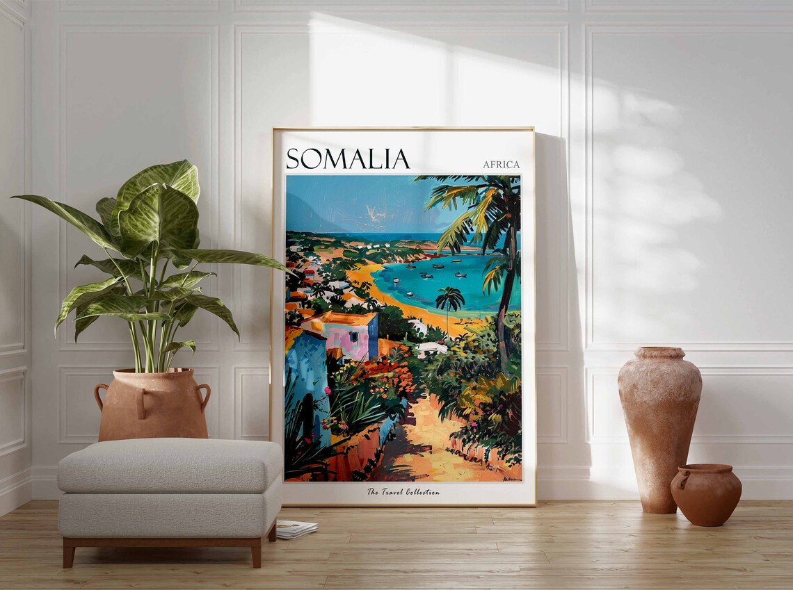 Somalia Sandy Beach Bay Boats Coastal Hillside Houses Poster - Image 2