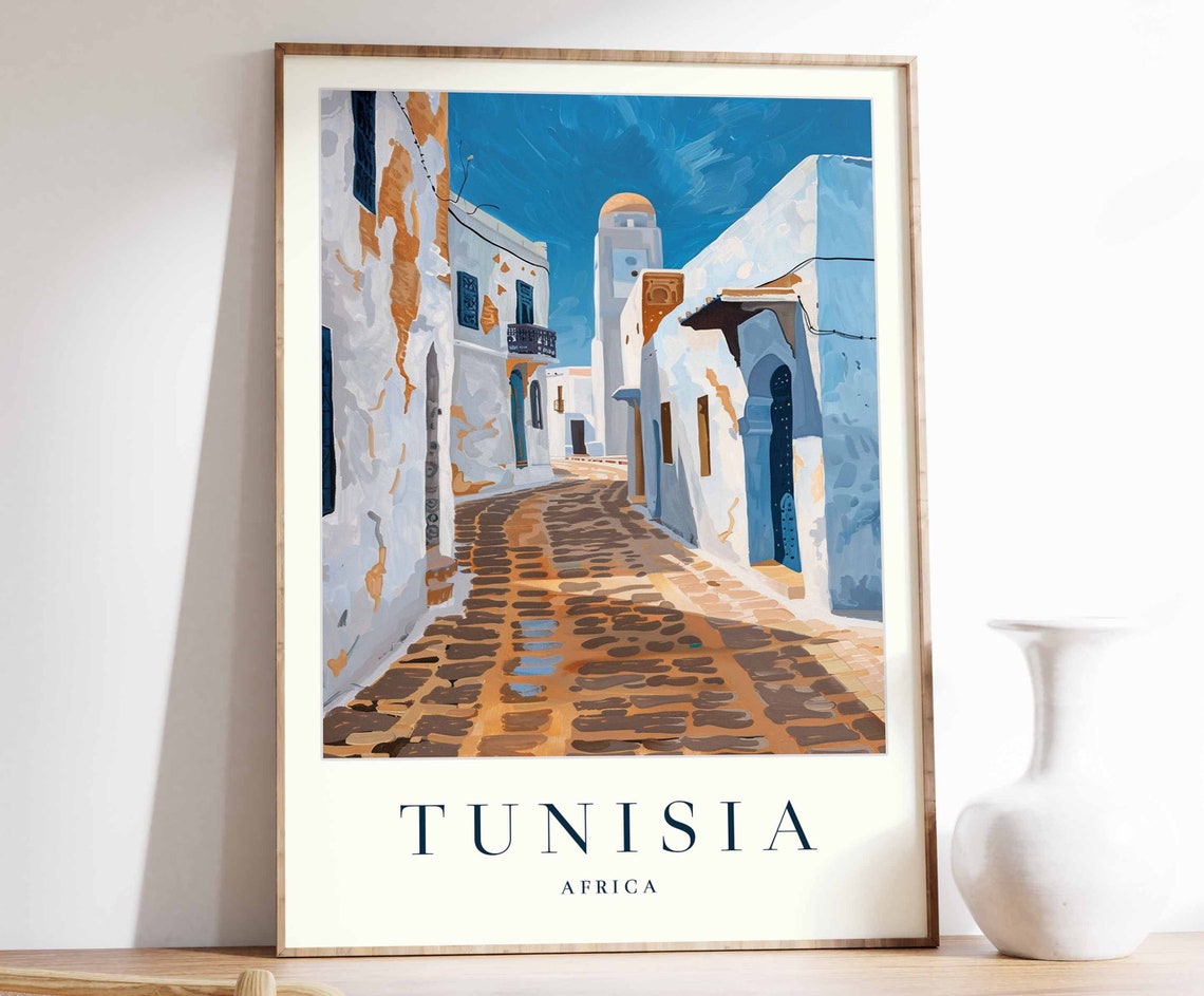 Tunisia Old Medina Cobblestone Street Minaret Africa Travel Poster