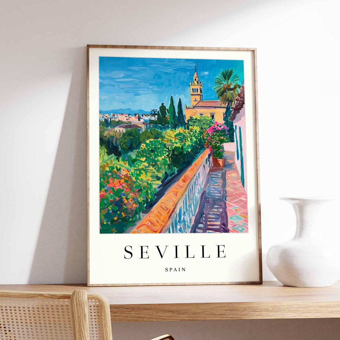 Seville Spain Terrace Garden Church Tower View Painted Poster