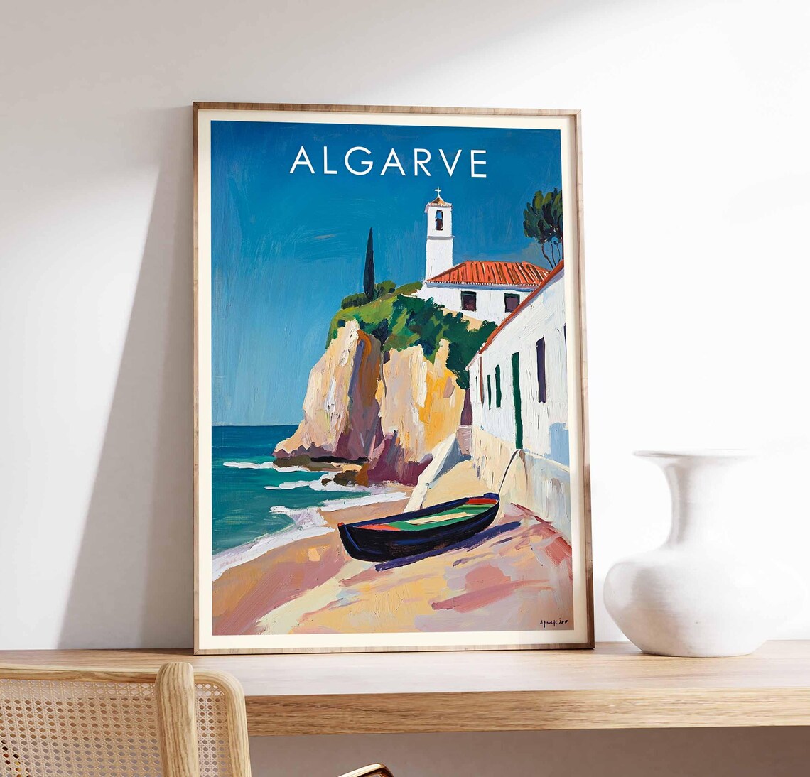 Algarve Portugal White Village Church Seaside Beach Art Poster