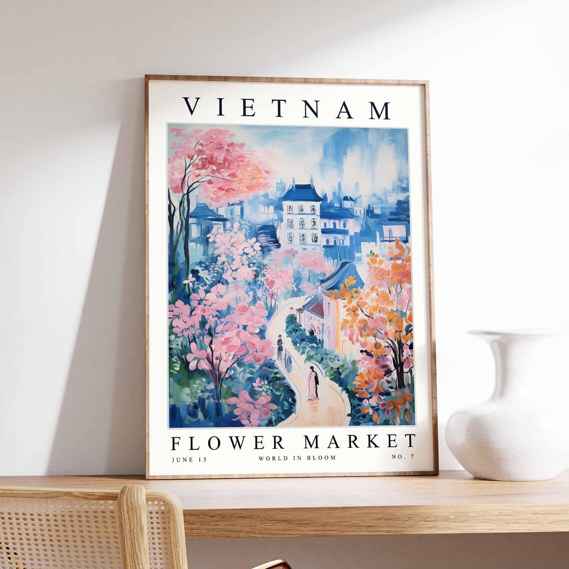 Vietnam Flower Market Old Town Street Pink Blossom Art Poster