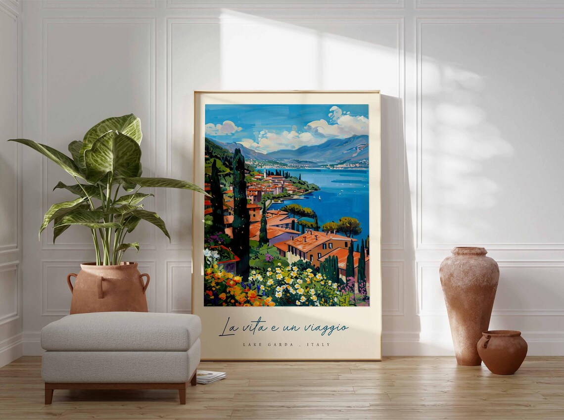 Lake Garda Italy Hillside Red Roof Villas Wildflower Lake View Poster - Image 3