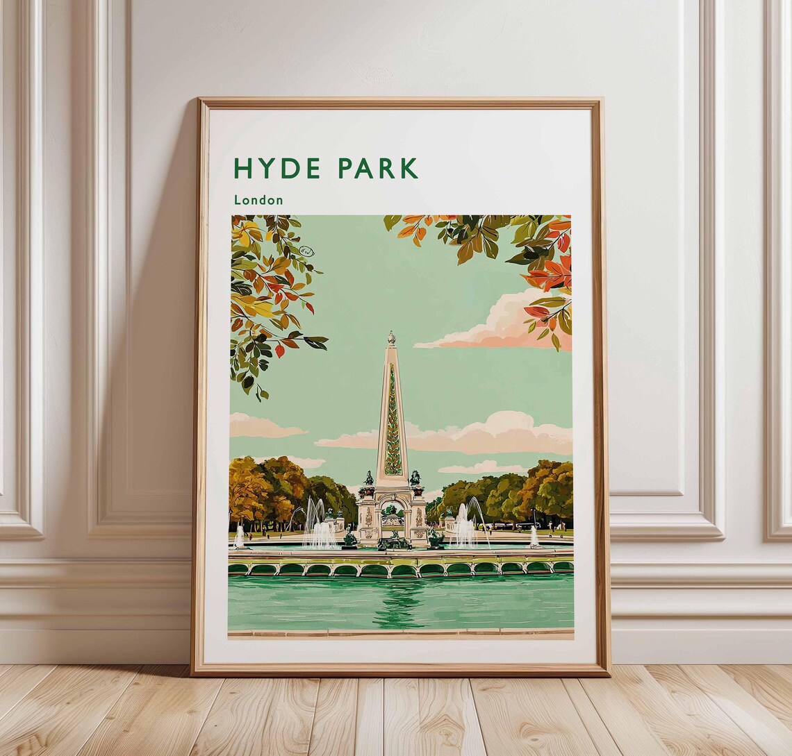 Hyde Park London Memorial Fountain Lawns Green Travel Poster
