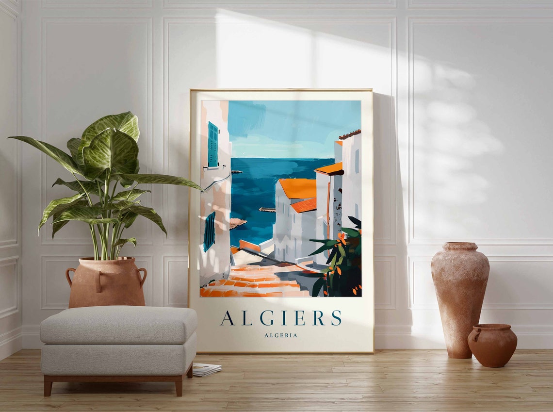 Algiers Algeria Sea View Steps Blue Shutters Coastal Travel Poster - Image 3