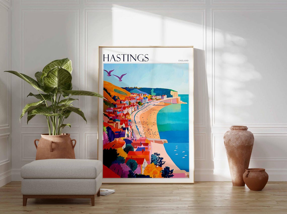 Hastings England Curved Bay Beach Colorful Town Panorama Poster - Image 3
