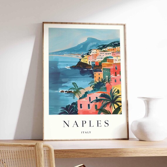 Naples Italy Coastal Town Mount Vesuvius Bay View Travel Poster