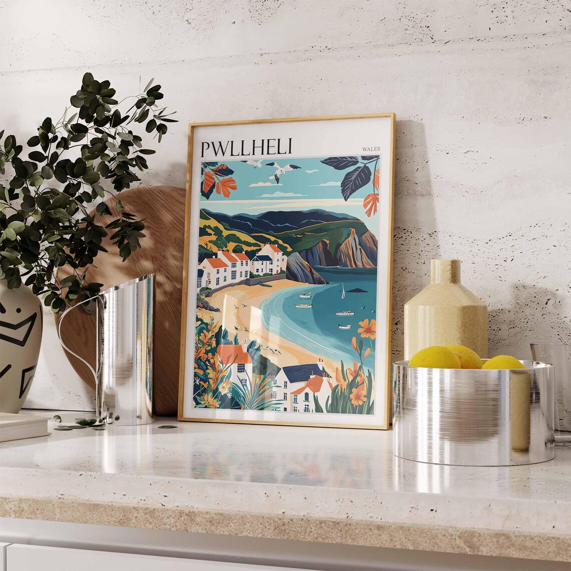 Pwllheli Wales Boat Bay White Houses Floral Border Seagulls Poster - Image 3