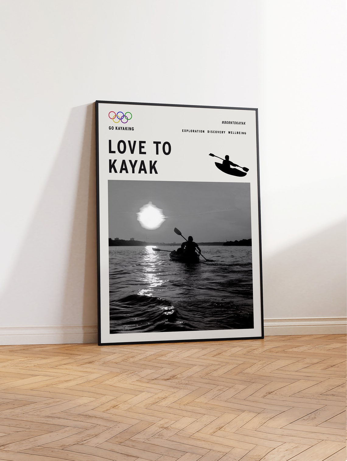 Love to Kayak Black and White Sunset Kayaker Photography Poster - Image 2