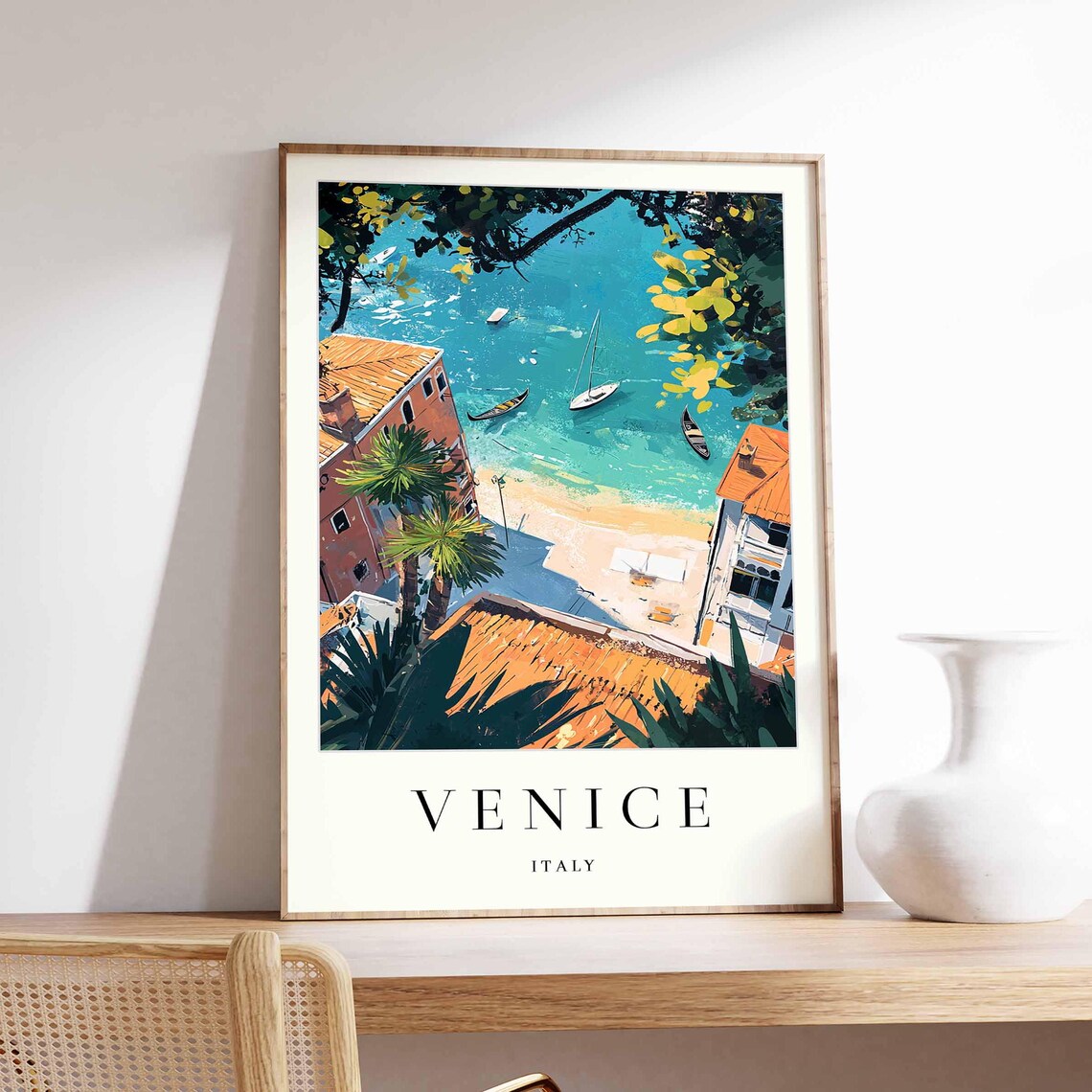 Venice Italy Aerial Coastal Bay View with Boats Travel Poster
