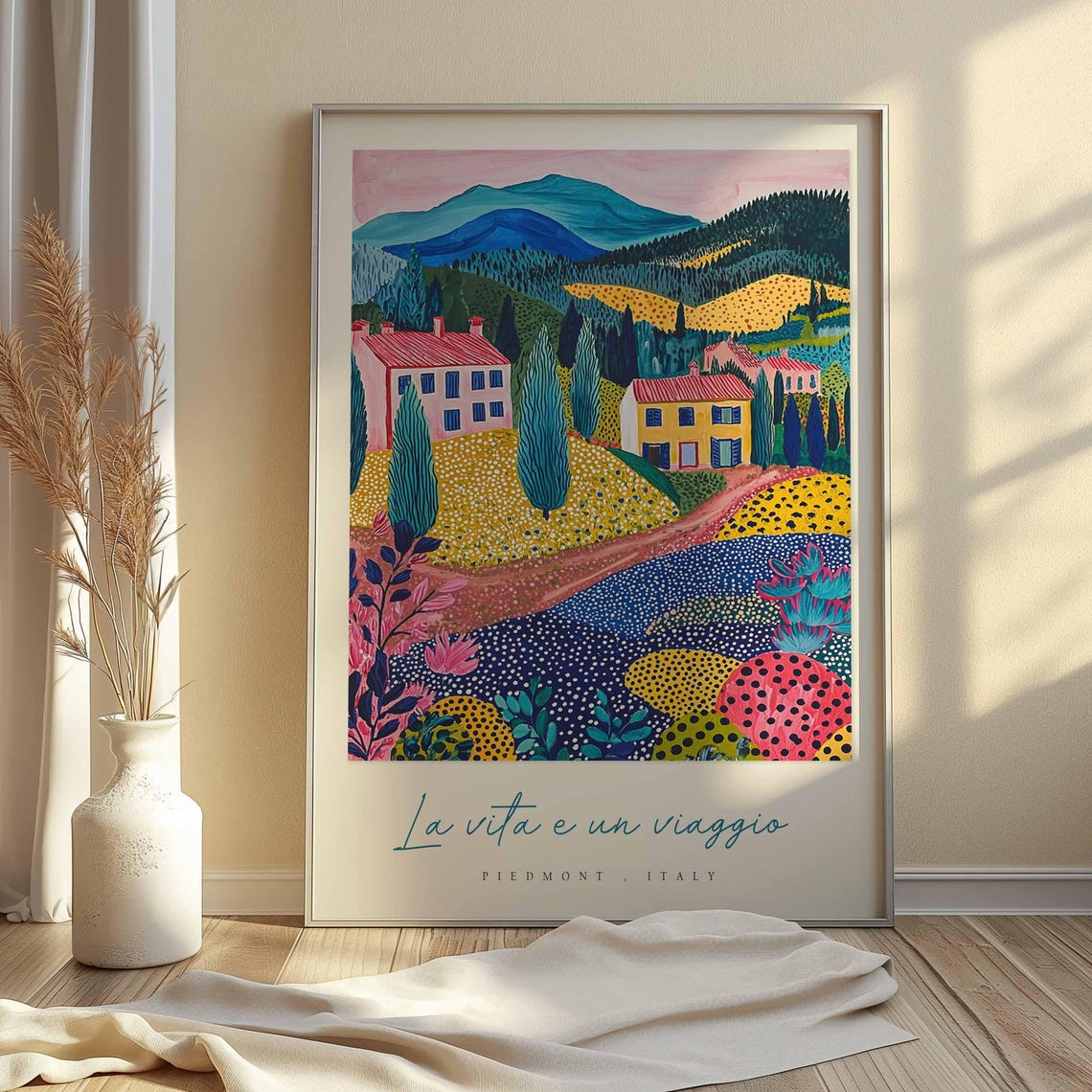 Piedmont Italy Dotted Mountain Village Artwork Travel Poster - Image 2