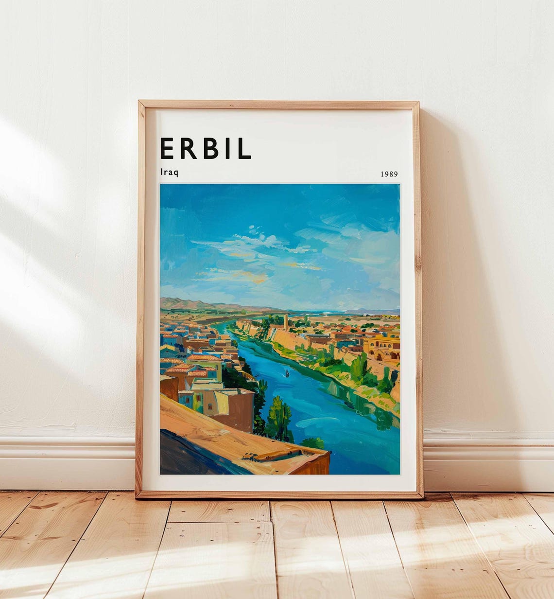 Erbil Iraq 1989 River Cityscape Bright Blue Painterly Travel Poster