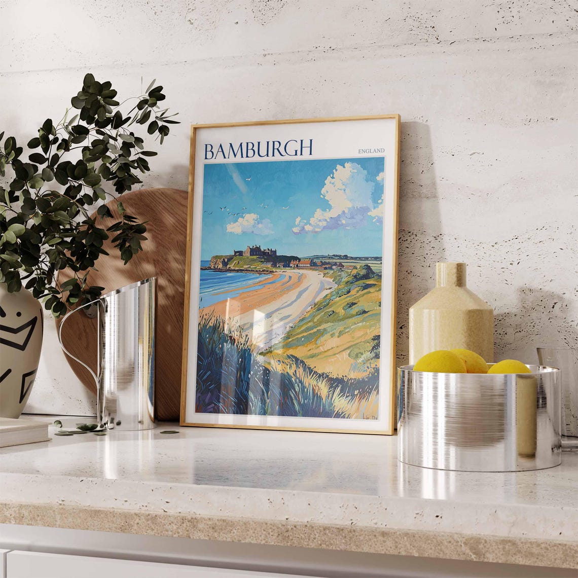 Bamburgh England Castle Headland Curved Beach and Seabirds Poster - Image 2